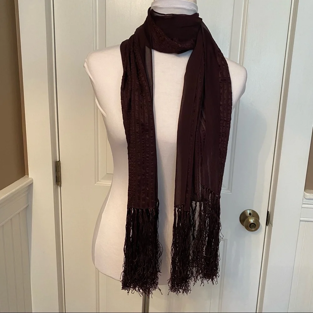 TANNER SCARF BROWN SILK SHEER RIBBED TEXTURE FRINGE LONG RECTANGLE ACCESSORY